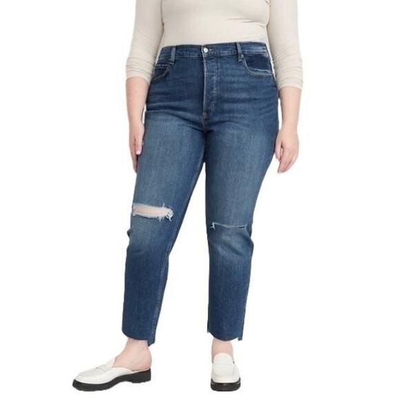 Old Navy Plus Women's Sky High Straight Jean Size 26 3X Med Blue Distressed - Picture 1 of 15